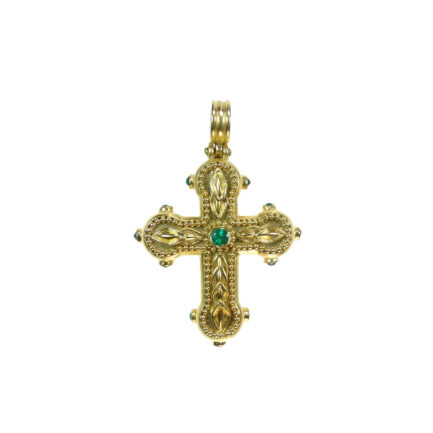 Byzantine Handmade Pendant Cross 22k Yellow Solid Gold Emeralds