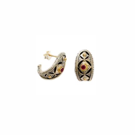 Half Hoop Byzantine Earrings Ruby 18k Yellow Gold and Sterling Silver 925