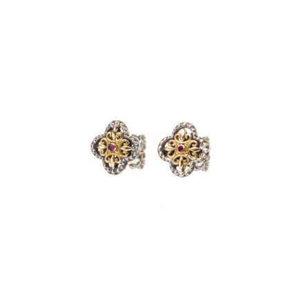 Cross Flower Stud Earrings Ruby for Ladies 18k Yellow Gold and Silver 925
