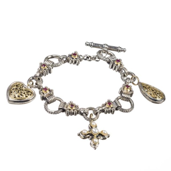 Byzantine Charm Bracelet for Women in 18k Yellow Gold, Sterling Silver 925, Pearl Cross, Code 6150