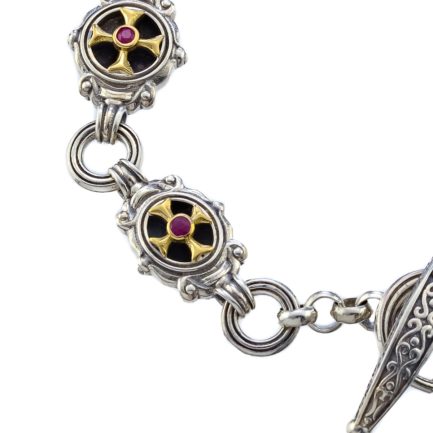 Byzantine Cross Ruby Oval Link Bracelet 18k Yellow Gold and Sterling Silver 925