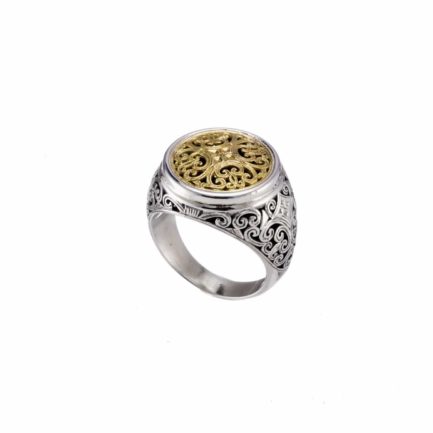 Filigree Byzantine Round Shape Cross Ring 18k Yellow Gold and Sterling Silver