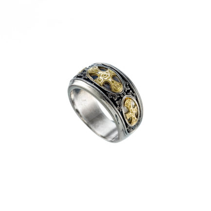 Triple Cross Men’s Band Byzantine Ring 18k Yellow Gold and Silver 925