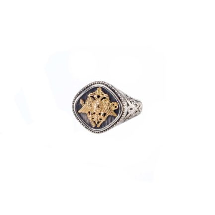 Double Headed Eagle Ring Byzantine Imperial Symbol for Men's 18k Gold and Silver