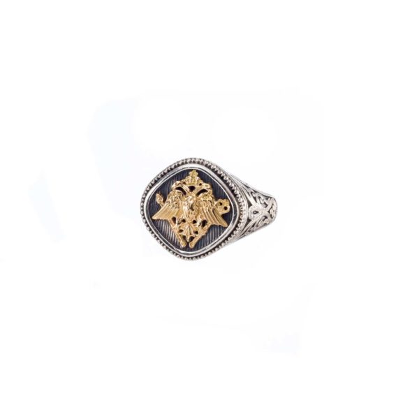 Double Headed Eagle Ring Byzantine Imperial Symbol for Men’s 18k Gold and Silver