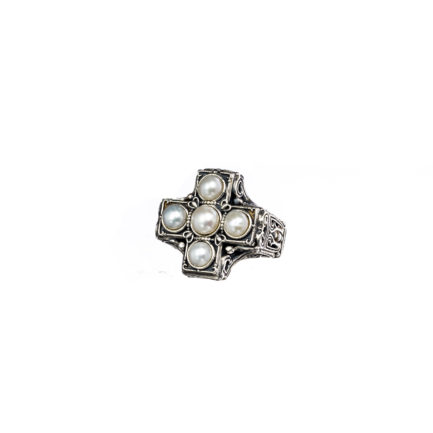 Byzantine Cross Pearls Ring in Sterling Silver 925