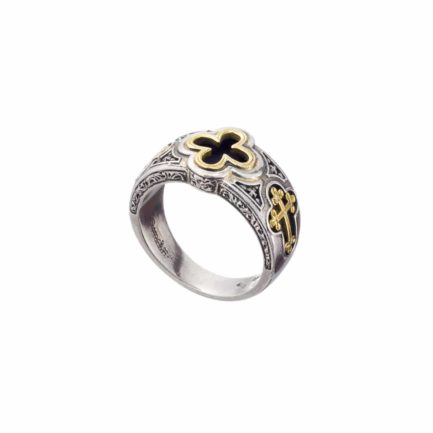 Triple Cross Men’s Band Byzantine Ring 18k Yellow Gold and Sterling Silver 925