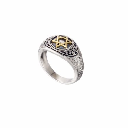 Star of David for Men’s Band Ring 18k Yellow Gold and Sterling Silver 925