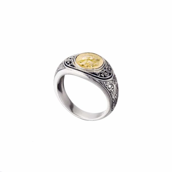 Antique Coin Symbol Athena Goddess Ring 18k Yellow Gold and silver 925