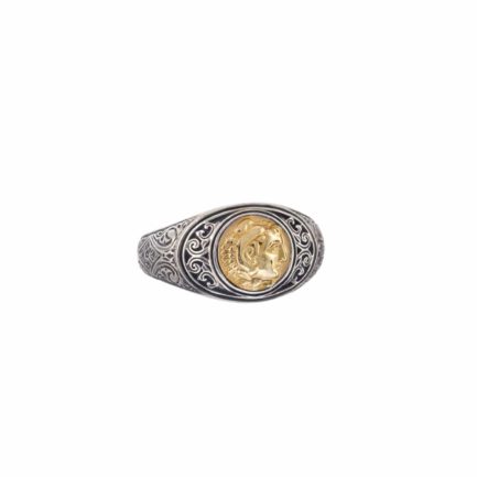 Antique Coin Symbol Alexander the Great Ring 18k Yellow Gold and silver 925