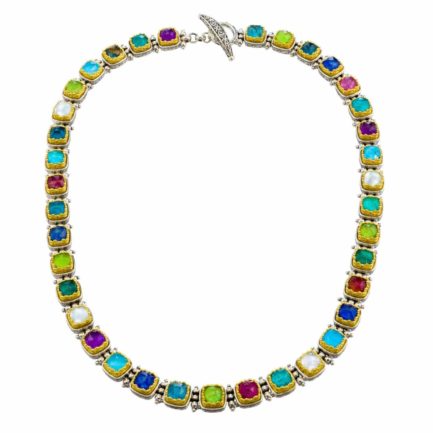 Silver with Gold plated Parts Multi-Colored Stone Link Necklace for Ladies
