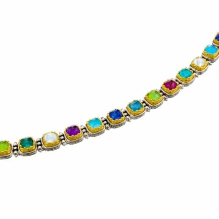 Silver with Gold plated Parts Multi-Colored Stone Link Necklace for Ladies