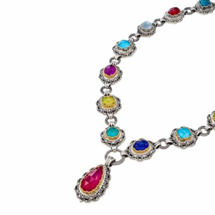 Multi-Colored Stone Link Necklace for Ladies 18k Yellow Gold and Silver 925