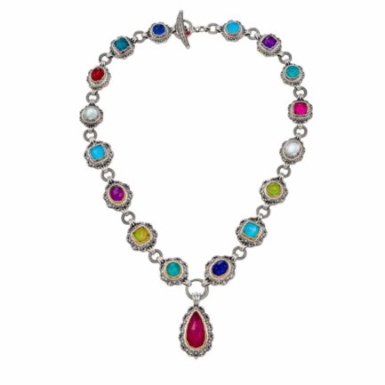 Multi-Colored Stone Link Necklace for Ladies 18k Yellow Gold and Silver 925