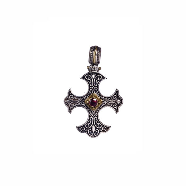 Gothic Handmade Cross Pendant Ruby 18k Yellow Gold and Sterling Silver 925