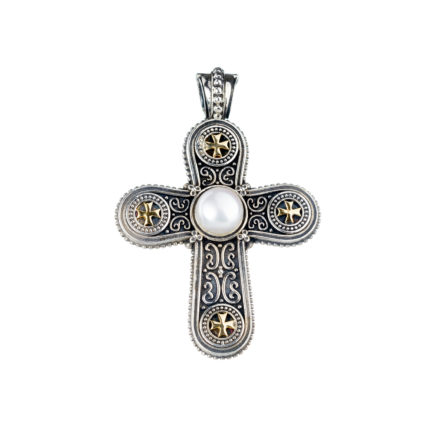 Byzantine Cross Pendant for Men’s Pearl 18k Yellow Gold and Sterling Silver 925
