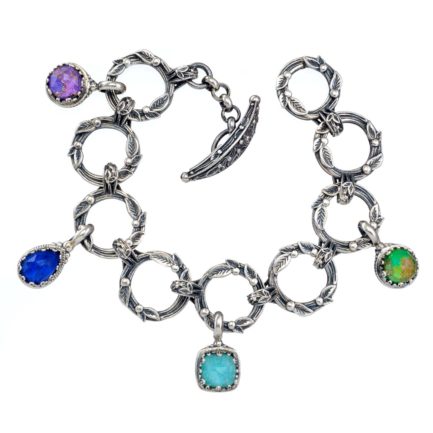 Flower Charm Link Bracelet in Sterling Silver 925 and 4 Multi-Colored Doublet Stones