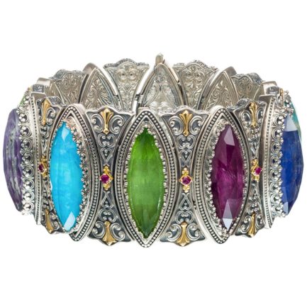 Impressive Bracelet Multi-Colored Stone 18k Yellow Gold and Sterling Silver 925
