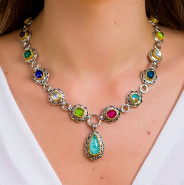 Silver with Gold plated Parts Necklace with Multi-Colored Stone