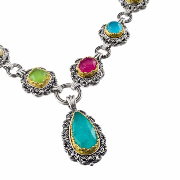 Silver with Gold plated Parts Necklace with Multi-Colored Stone