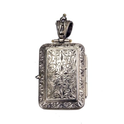 Engraved Rectangular Locket Pendant with Cross 18k Yellow Gold and Silver 925