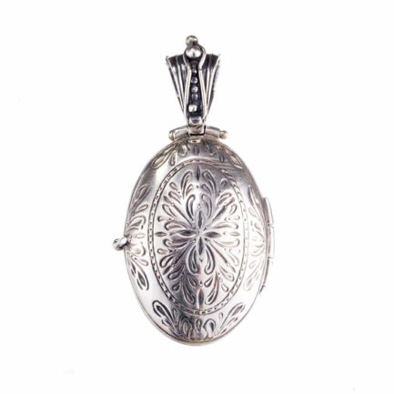 Engraved Oval Locket Pendant with Cross 18k Yellow Gold and Silver 925
