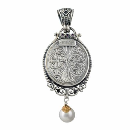 Oval Pendant Pearl Drop 18k Yellow Gold and Sterling Silver