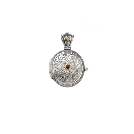 Oval Locket Pendant Small Photo Ruby Byzantine 18k Yellow Gold and Silver 925