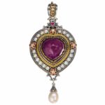 Large Heart Pendant Pearl Drop 18k Yellow Gold and Sterling Silver 925