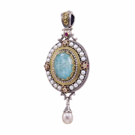 Large Oval Pendant Pearl Drop 18k Yellow Gold and Sterling Silver 925
