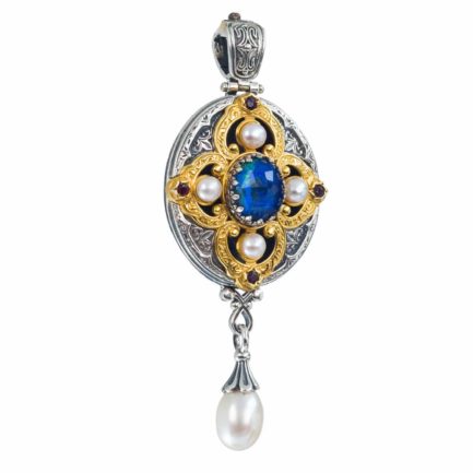 Oval Pendant Pearl Drop in Sterling Silver with Gold Plated Parts
