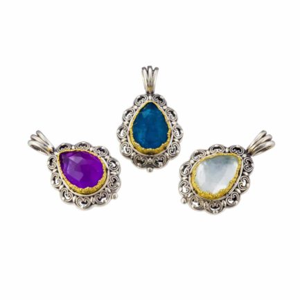 Tear-Drop Color Pendant in Sterling Silver 925 with Gold plated parts