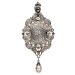 Large Filigree Locket Pendant with Pearl Drop in 18k Yellow Gold and Silver