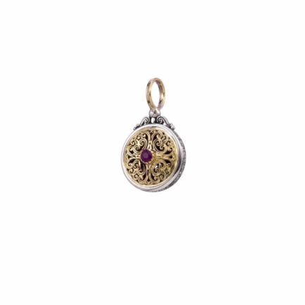 Round Byzantine Pendant Ruby for Women’s Yellow Gold k18 and Silver 925