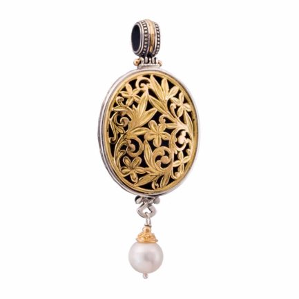 Drop Oval Pendant Flower Byzantine for Ladies in 18k Yellow Gold and Silver 925