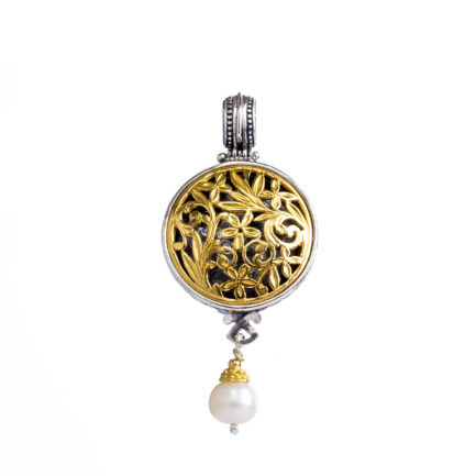 Drop Round Pendant Flower Byzantine for Ladies in 18k Yellow Gold and Silver 925