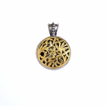 Round Flower Byzantine Pendant for Ladies in 18k Yellow Gold and Silver 925