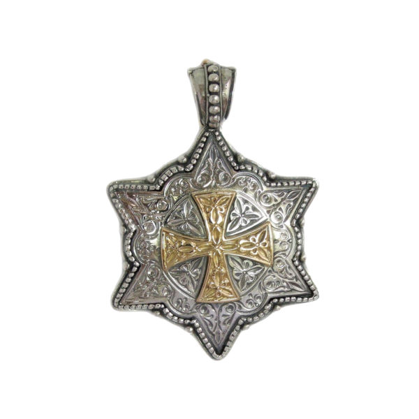 Byzantine Hexagonal Cross Pendant for Ladies in 18k Yellow Gold and Silver 925