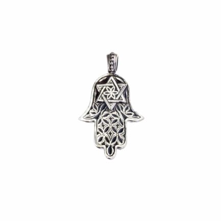 Hamsa Fatima Hand Amulet Pendant in Sterling Silver 925