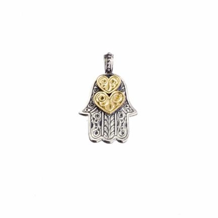 Hamsa Fatima Hand Amulet Pendant Silver and 18k Gold