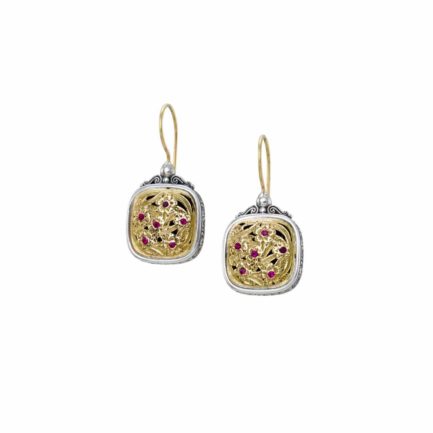 Flower Ruby Square Earrings Beautiful for Women’s 18k Yellow Gold and Silver