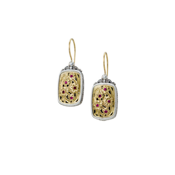 Flower Earrings in k18 Gold and Silver with Rubies