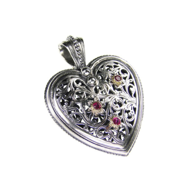 Large Heart Pendant in k18 Gold and Silver with Rubies 3045