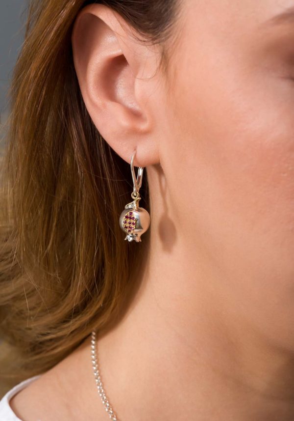 Pomegranate Dangle Earrings for Women’s Ruby 18k Yellow Gold and Sterling Silver 925 1655