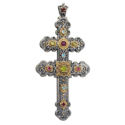 Double Byzantine Cross Pendant 18k Yellow Gold and Sterling Silver 925