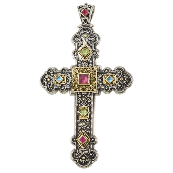 Byzantine Cross Pendant 18k Yellow Gold and Sterling Silver 925
