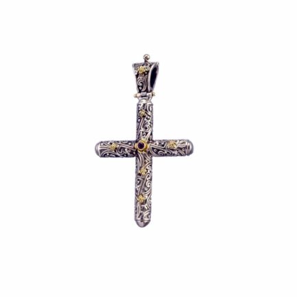 Men’s Flower Cross Pendant 18k Yellow Gold and Sterling Silver 925