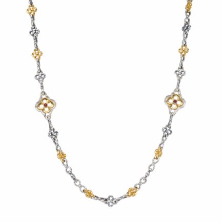 Four-leaf Clover Flower Station Necklace in Silver with Gold Plated Parts