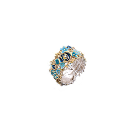 Blue Flower Ring with Golden Plated Details and Enamel