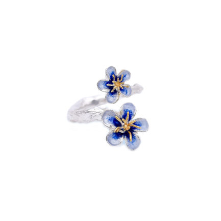 Blue Flower Adjustable Silver Enamel Ring
